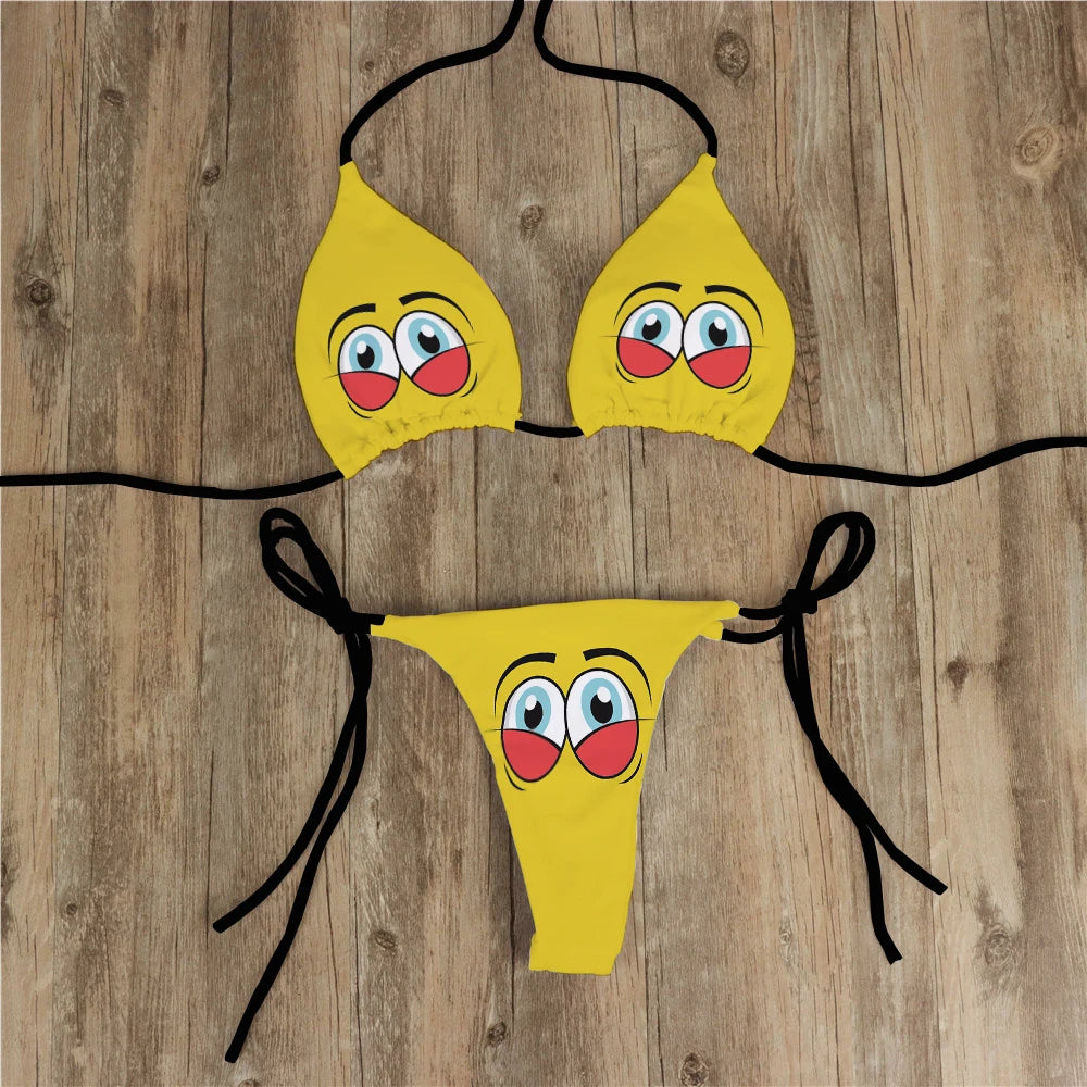 Sexy Bikini Set Yellow Swimsuit Cartoon Print  Fashion Sweet Women's Bra Swimsuit Deep V Summer Beachwear Party Bikini suit