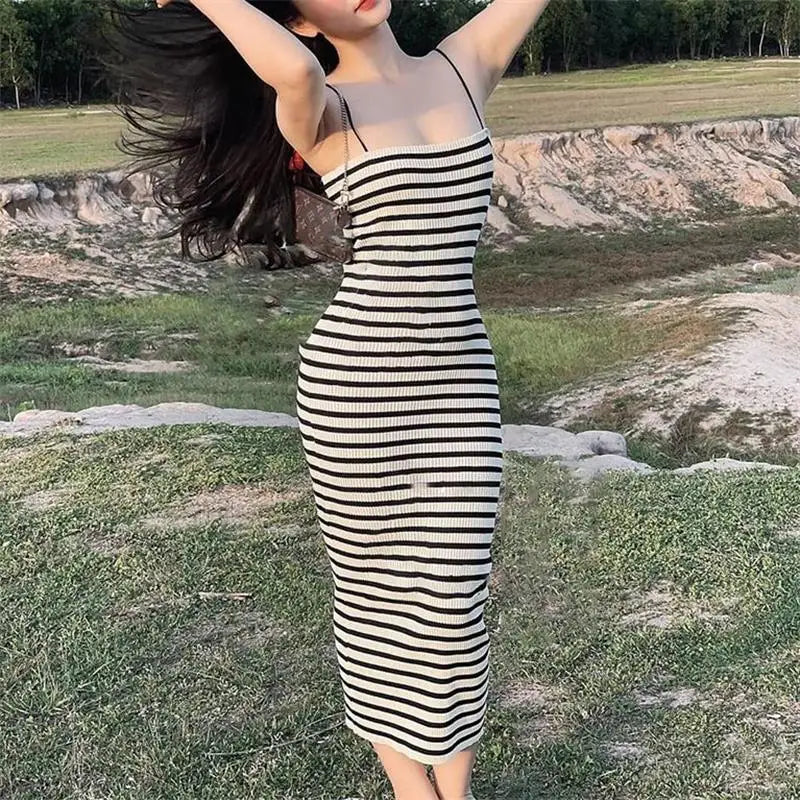 Striped Knitted Slim Dresses Women's Summer Skinny Sleeveless Bodycon Long Dress Casual Holiday Wrap Hip Sundress