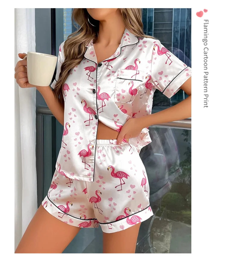 Women's Pajama Pj Set Heart Print Satin Pyjama Casual Short Sleeve Lapel Collar Tops & Pants Sleepwear & Loungewear for Adults