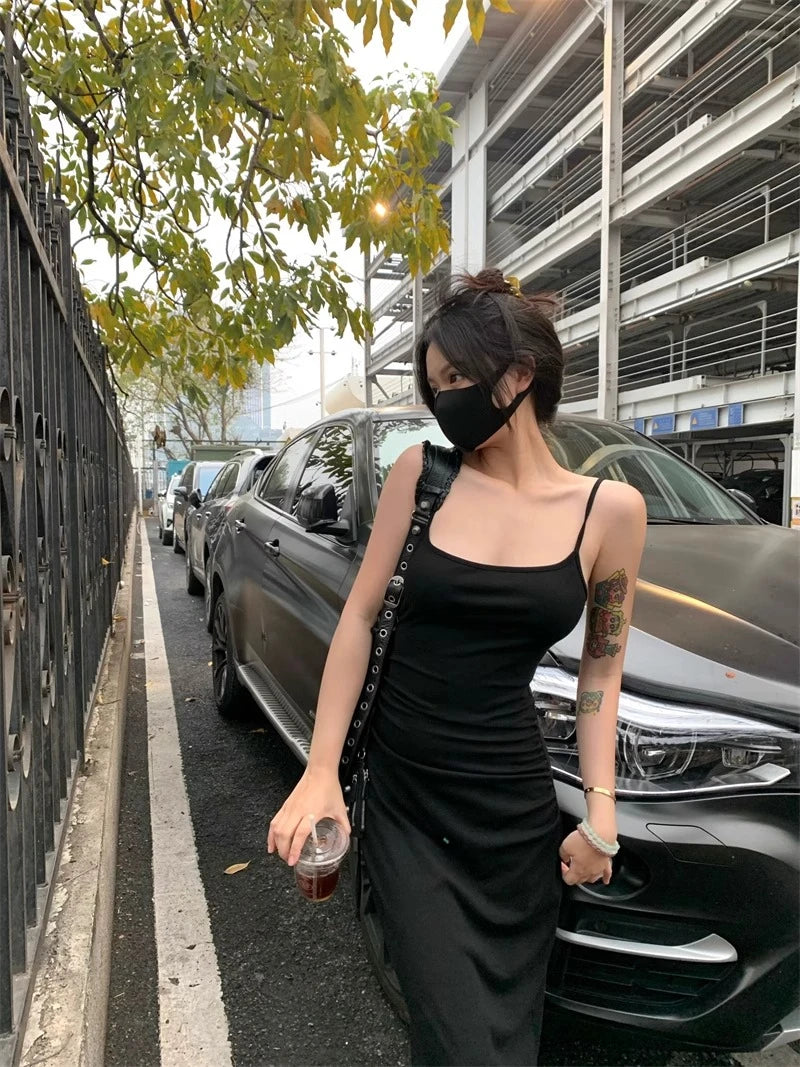 Sexy Spicy Girl Hollow Backless Back Camisole Dress Women's Summer Y2k Clothing Party Bodycon Dresses Split Wrapped Hip Sundress