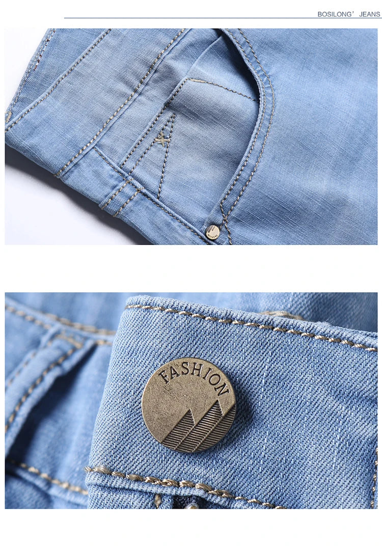 Summer Classic Shorts Jeans Men Denim Pants Straight Stretch Casual Cool Thin Knee Length Sky Blue Fashion Brand Daily Trousers