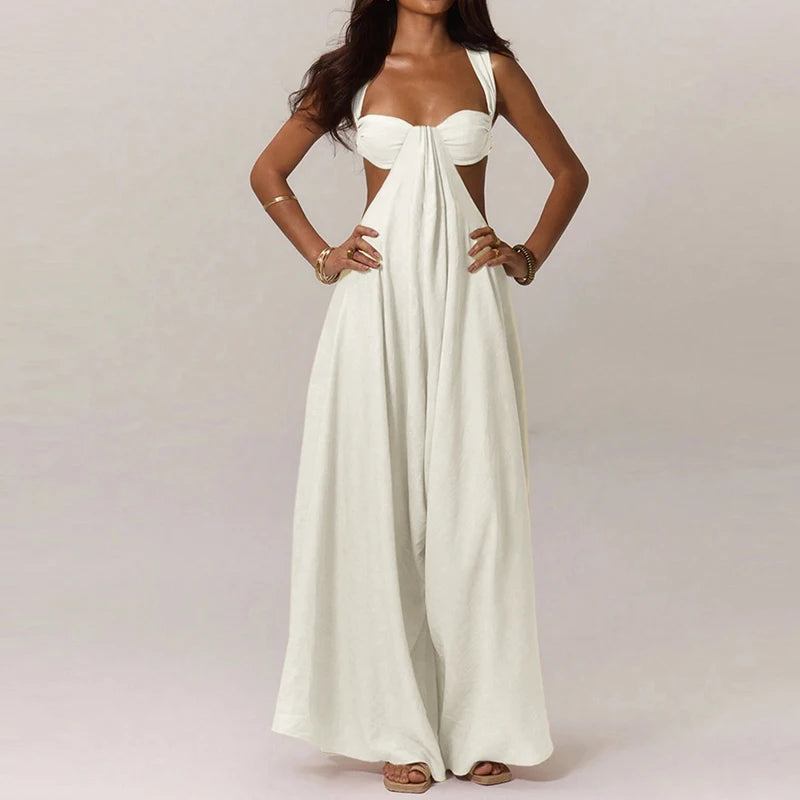 Fashion Hollow Waist Halter Wide Leg Jumpsuits Sexy Tube Top Sleeveless Solid Color Playsuits Lady High Street Commute Rompers