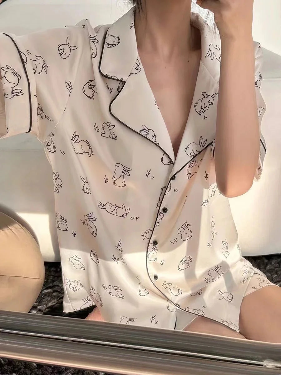 2 Pieces Print Sleepwear Faux Silk Satin Nightwear Pyjamas Fashion Casual Pajama Women Shorts Pajamas Set Ink Painting Outfits