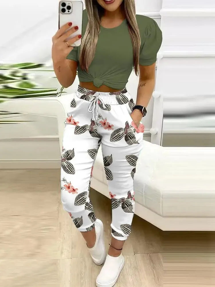 Summer Women's New Short Sleeved Pants Two-piece Commuting Fashion Printed Drawstring Sexy Exposed Waist Pants Set