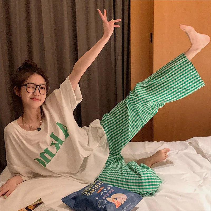 Women's Summer New Pajamas Loungewear Set Women's Short Sleeve Loose Loungewear Can Be Worn Outside Japanese Casual Plaid Suit