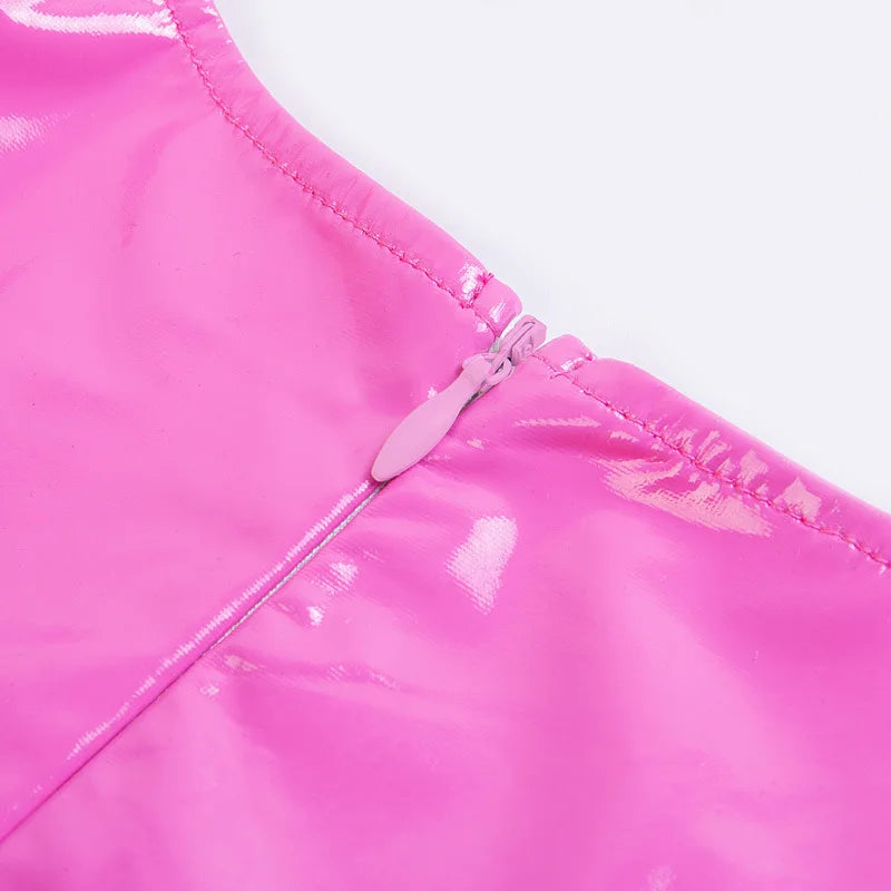 Sexy Pink PU Leather Bodycon Dress 2024 Summer Women Sleeveless Low Cut Back Zipper Elastic Mini Dress Party Club Dresses