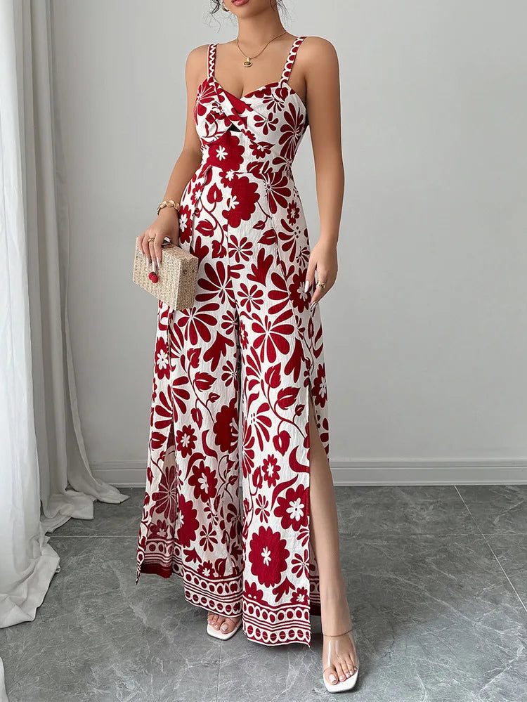 Jumpsuits Sleeveless Women V Neck Print Rompers Wide Leg Length Pants Jumpsuit Sexy High Waist Slight Strech Loose One Piece