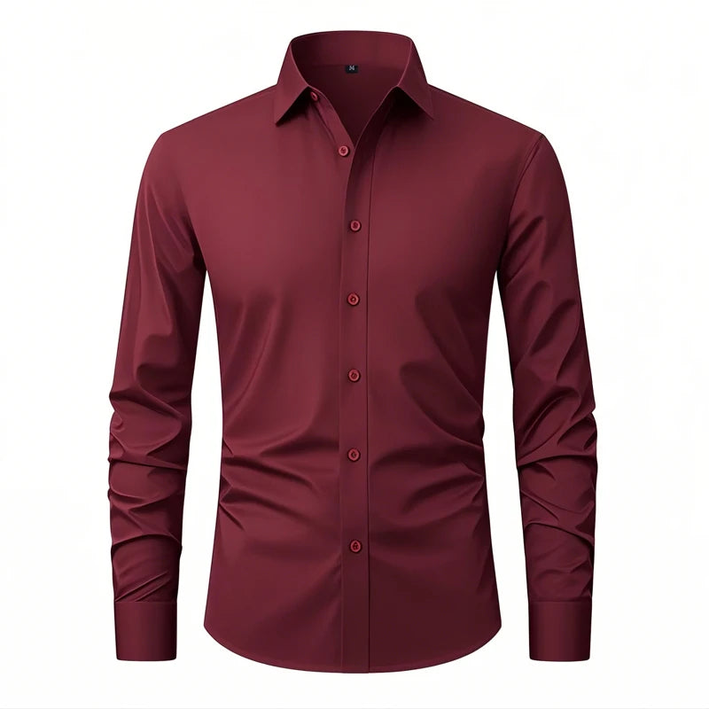 Hot New Mens Formal Shirts Long Sleeve Solid Color Anti-Wrinkle Stretch Fashion Business Free Slim Fit Office Social White Shirt