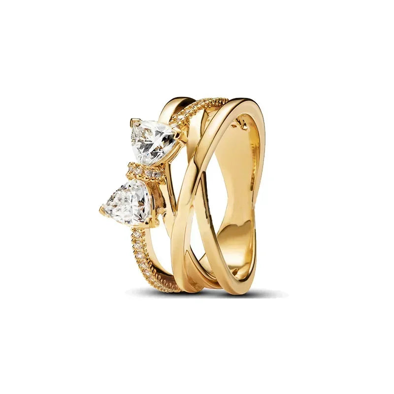 New 925 Sterling Silver Shiny Classic Gold Color Crown Bow Heart-shaped Rings Exquisite Luxury Charm Women's Jewelry Party Gifts