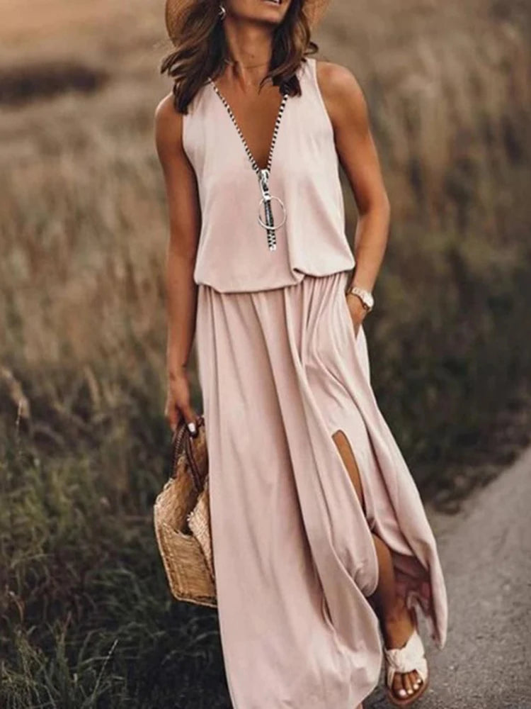 Fashion Sleeveless Tank Zipper Long Dress Women 2023 Summer Loose Casual Solid Slit Elegant Ladies Dresses For Women