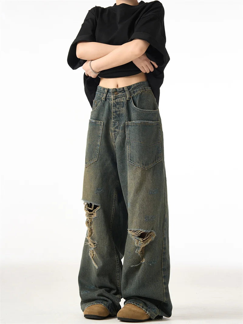 Spring American Retro Ripped Wide-leg Jeans For Men High Street Fashion Distressed Baggy Denim Pants 2025 New Casual Y2K Jean