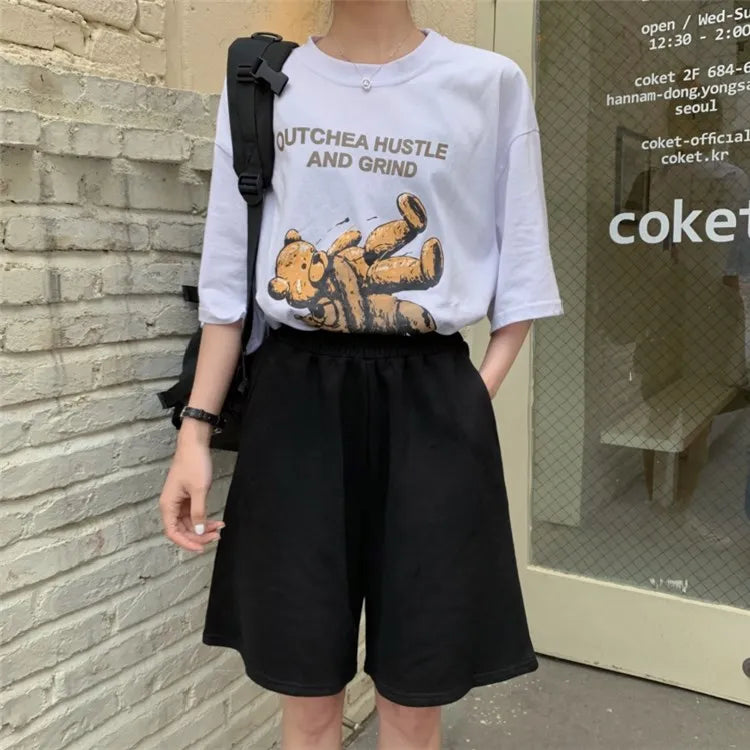 Elastic Waist Korean Style Short High Waist Pants Fitness Running Shorts Women Summer Harajuku Loose Casual Large Sports Shorts