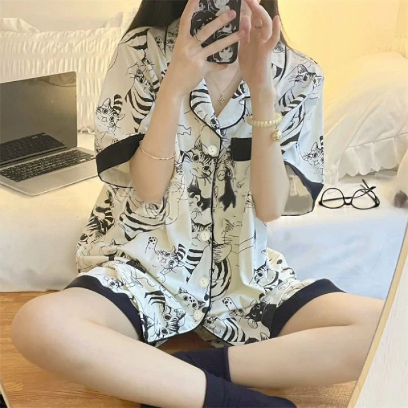 Cartoon Black Cat Cute Women Two-piece Pajamas Simulated Silk Summer Cool Short Lady Sleepwear 2024 New Classic Female Housewear
