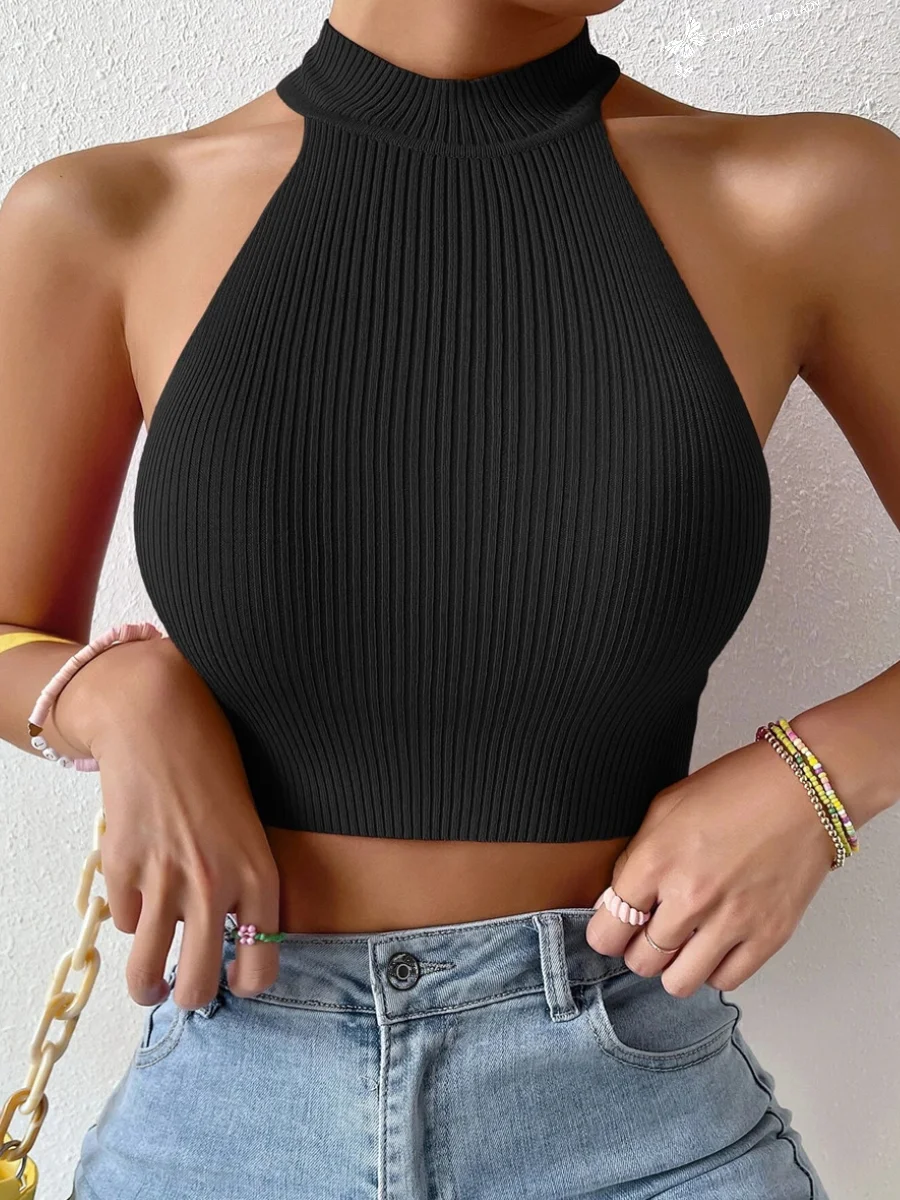 2025 Summer Fashion Women Basics Casual Knit Sleeveless Corset Halter Crossfit Crop Top Y2k Clothes Femme Stretch Sweater Tank