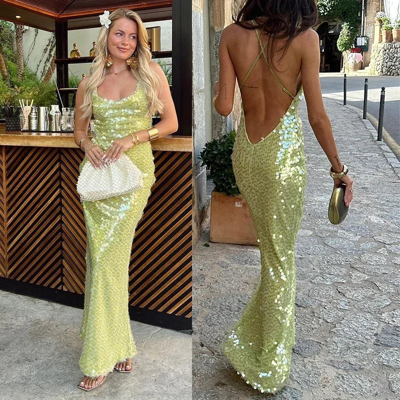 Sexy Sequins Backless Long Mermaid Dress Women Bodycon Halter Neck Sleeveless See Through Party Dresses 2024 Autumn Evening Gown