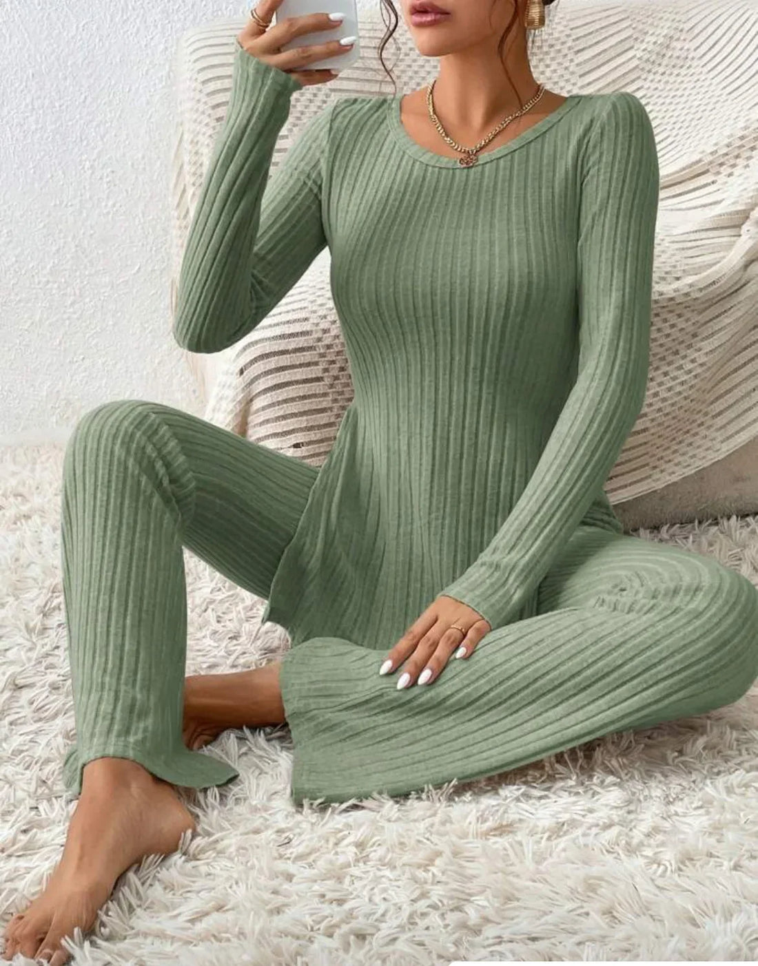 Autumn Winter Fashion Knit Suit 2024 Casual Loose Pullover+Elastic Long Pants Print Knitted Solid Two Pieces Sets Women Clothing