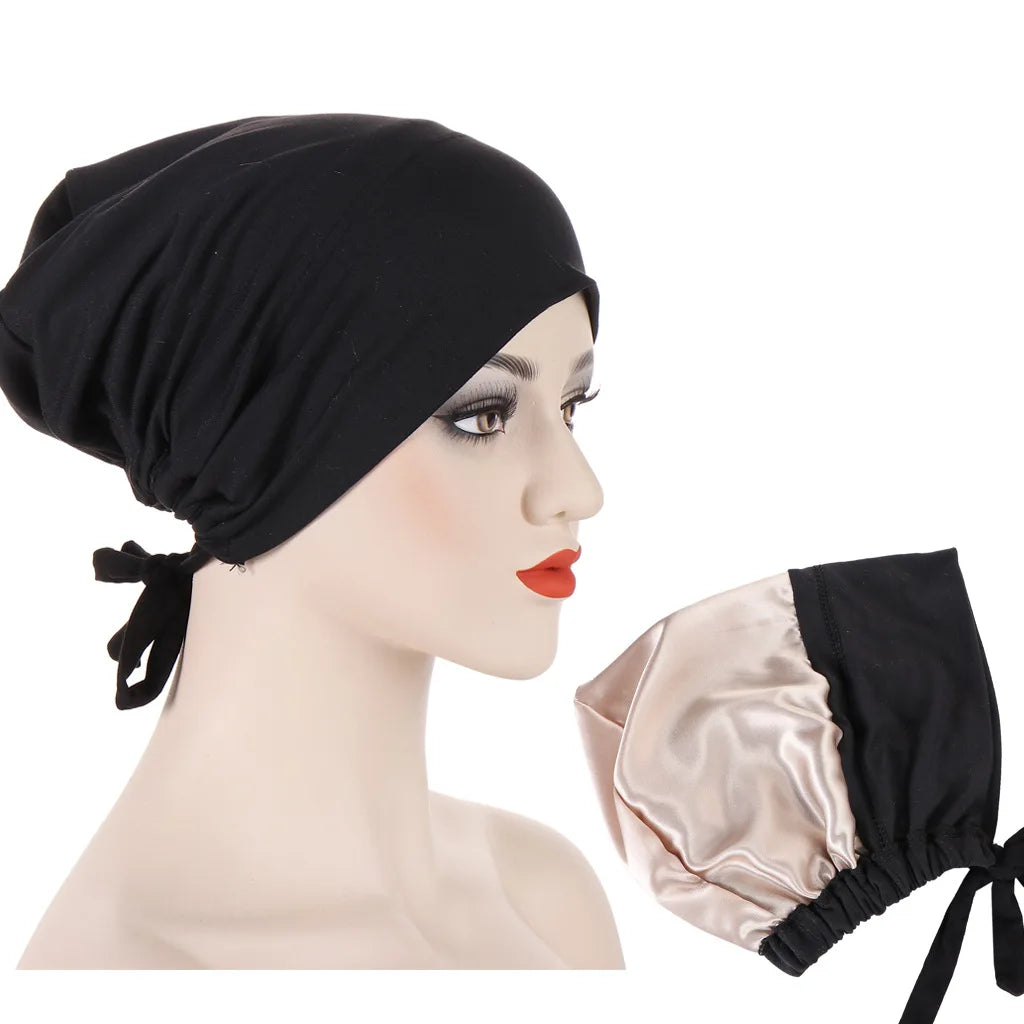 Double Layer Satin Hijab Cap for Women, Islam Undercap with Tie Bonnet, Instant Hijabs, Turkish Scarves, Muslim Turban, Bandana