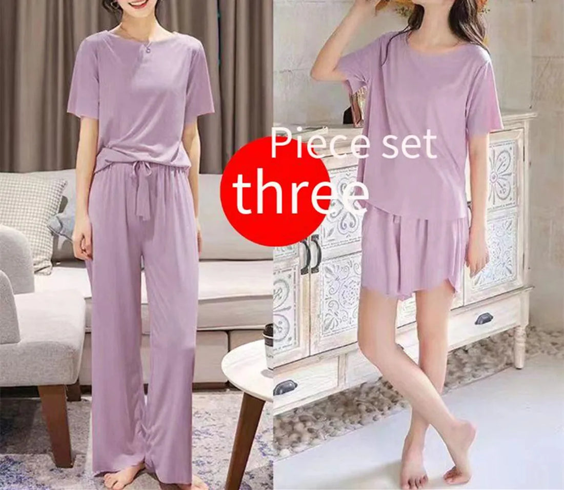 Ice Silk Pyjamas Three-Piece Set Women's Female Home Wear Trousers Simple Leisure Comfortable Loose Short-Sleeved Girl Sleepwear
