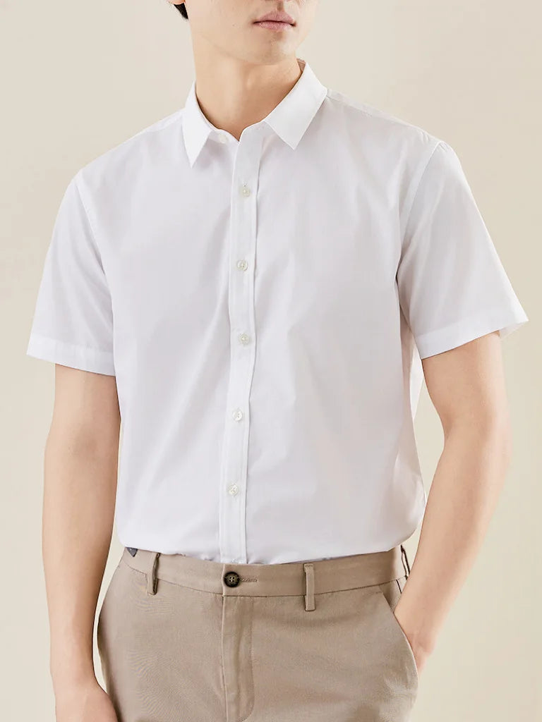 Bamboo Fiber Stretch Men Shirt Fashion Casual Business Short-Sleeved Top Anti-Wrinkle No-Iron Solid Color Formal Shirt S-6XL
