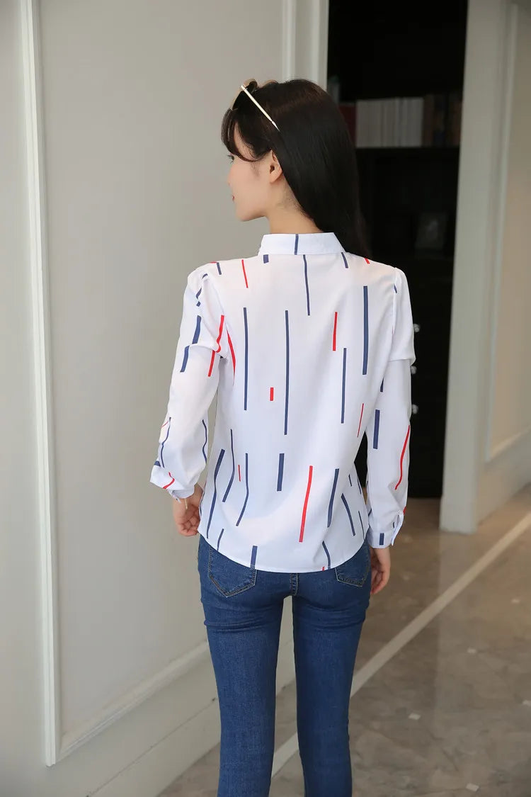 Stripe Women Blouse Fashion Standing Collar Women's Shirt Long Sleeved Shirts and Blouses Printing Ladies Tops Basic Womens Tops