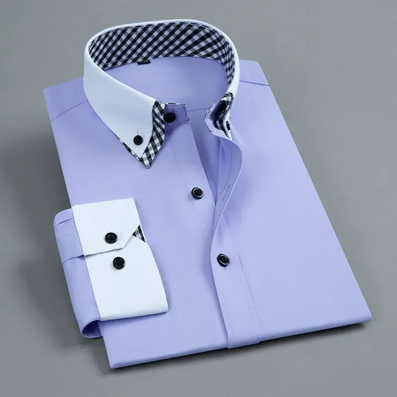 Mens Dress Shirt Long Sleeve Non Iron Fashion Double Layer Business Formal Regular Fit Office Camisa Social Shirts Drop Shipping