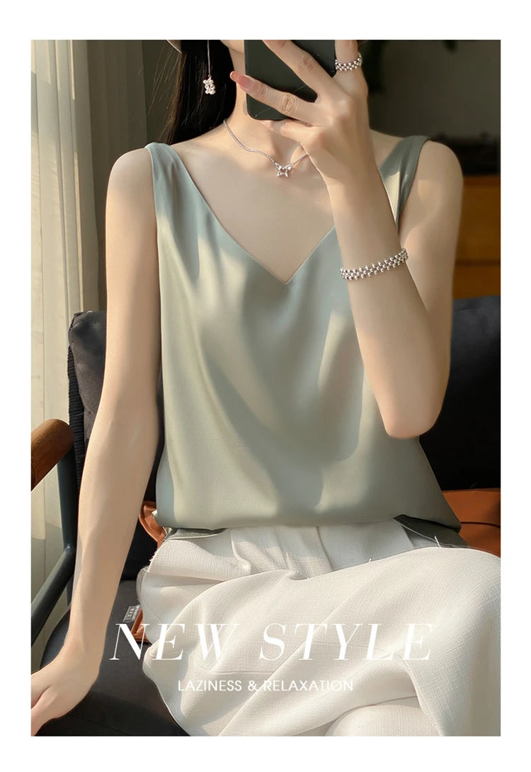 2024 New Silk Satin Women's Tank Top Basic V-neck Multi Color White Black Women's Sleeveless Top Summer Sexy Bottom