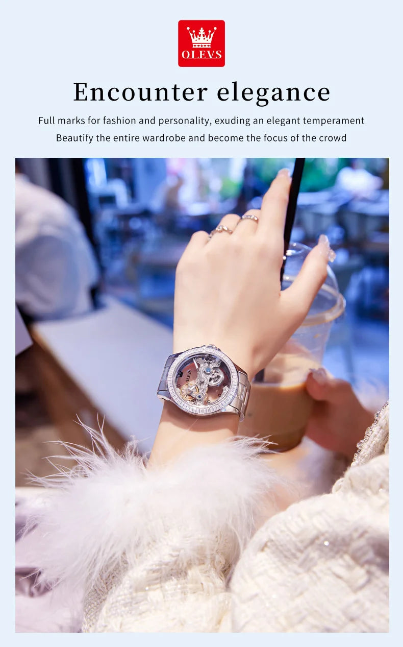 OLEVS Luxury Women Automatic Mechanical Watch Stainless Steel Diamond Inlay Fully Hollow Design Luminous Dial Elegant Wristwatch