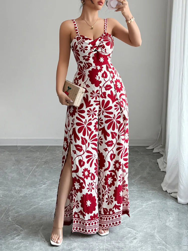 Jumpsuits Sleeveless Women V Neck Print Rompers Wide Leg Length Pants Jumpsuit Sexy High Waist Slight Strech Loose One Piece