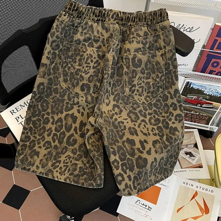 American Retro Leopard Print Denim Shorts Men's High Street Niche Loose Design Five-point Mid-pants