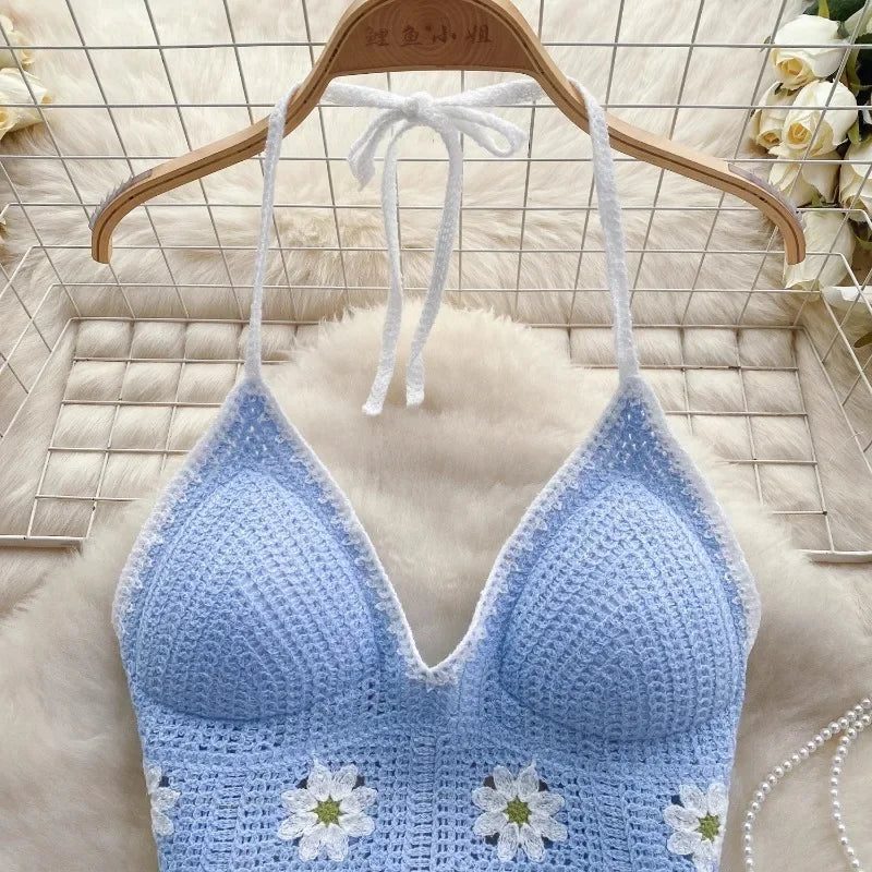 Vacation Style Camis Vest Women Patchwork Sweet Hook Flower Sexy Backless Suspender Camisole Hanging Neck Outwear Crop Tops