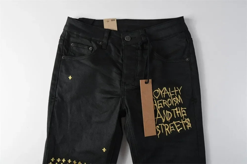New Jeans American High Street Men Retro Wash Black Letter Embroidery Low Rise Elastic Skinny Pleated Ripped Frayed Pants Brand