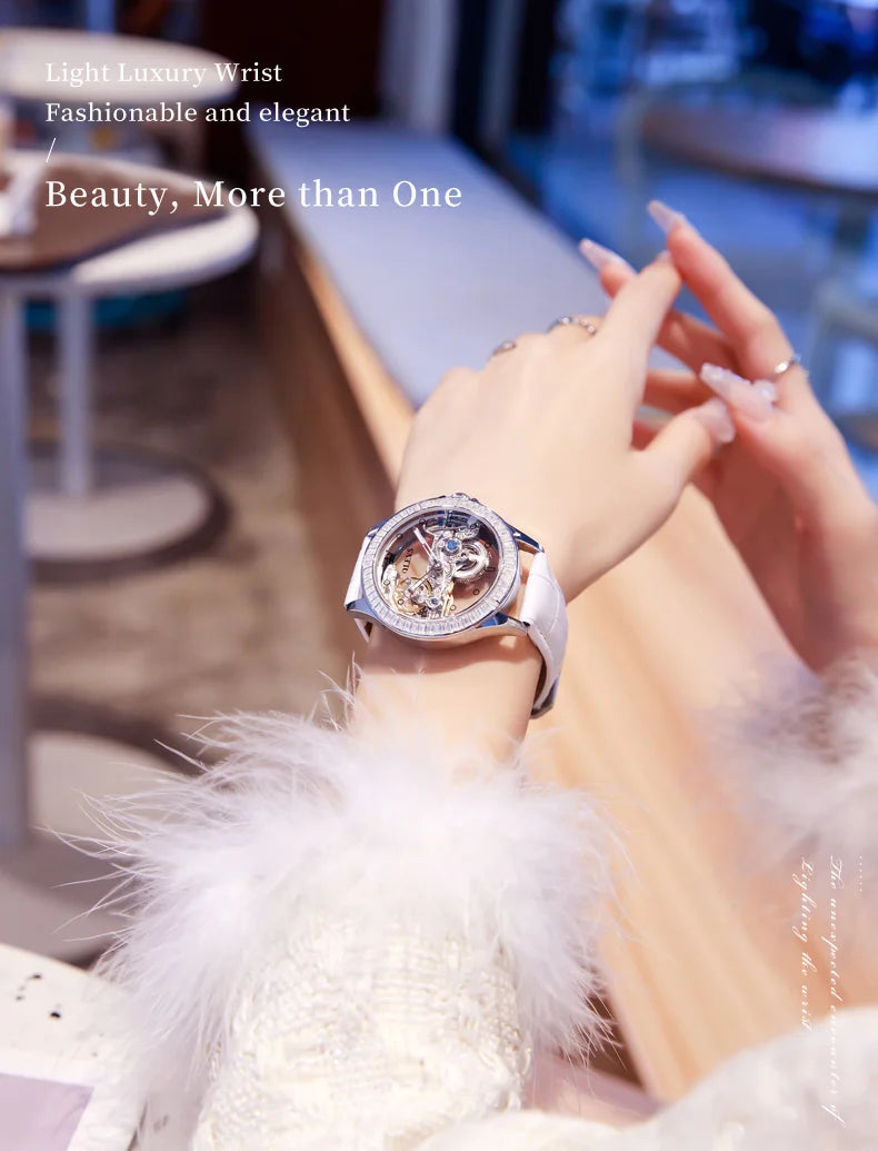 OLEVS Luxury Women Automatic Mechanical Watch Stainless Steel Diamond Inlay Fully Hollow Design Luminous Dial Elegant Wristwatch