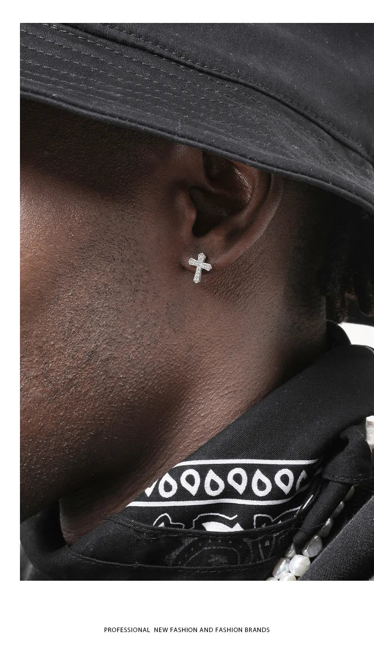 2024 New Rhinestones Cross Earrings for Men Personality Hip-Hop Pair Stainless Steel Stud Earrings Male Women's Party Jewelry