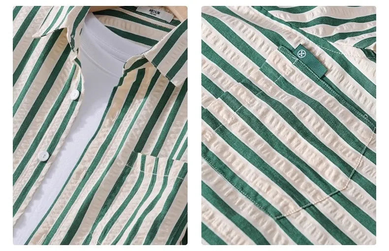 Men's Stripe Shirt Long Sleeve Oversized 100% Cotton Thin Slim Fit Formal Plain Shirt Tops New Button-Down Collar Casual Shirt