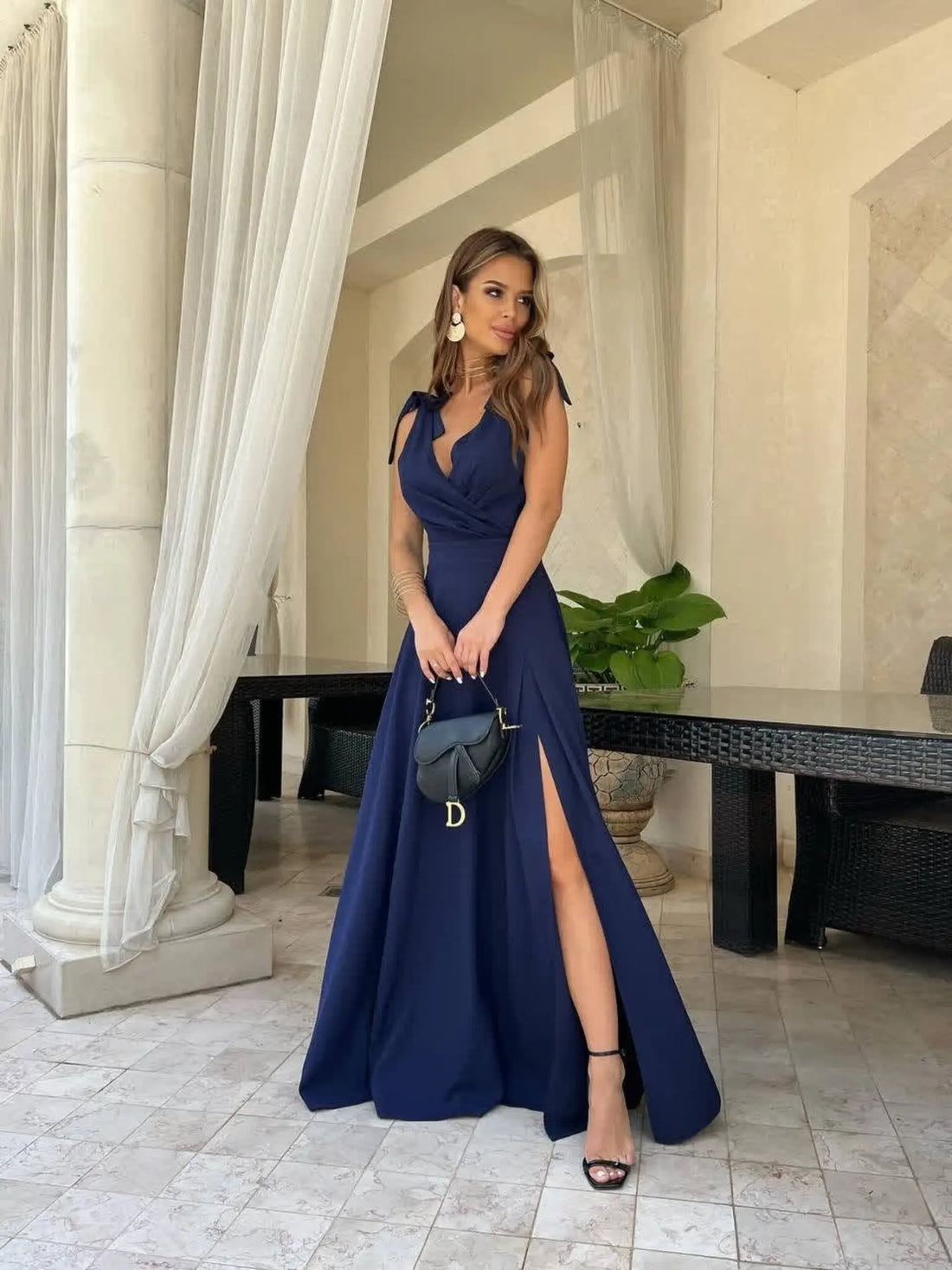 Summer New Women's V-neck Sleeveless Waist Wrap Slim Split Dress Dress Long Dress