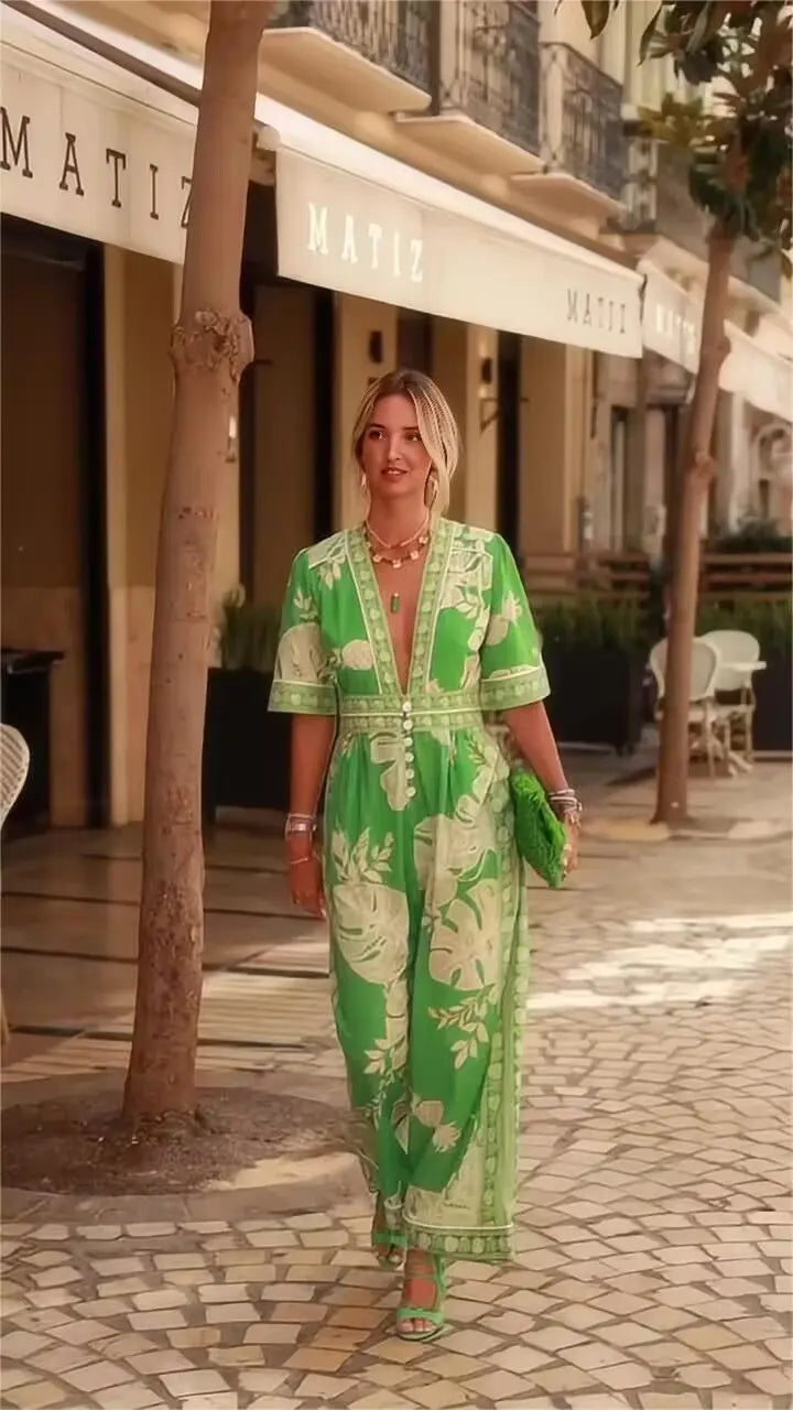 New Summer Printed V-neck Stylish Short-sleeved Jumpsuits Fashion Elegant Casual Office Holiday Party Jumpsuit  Women Clothes