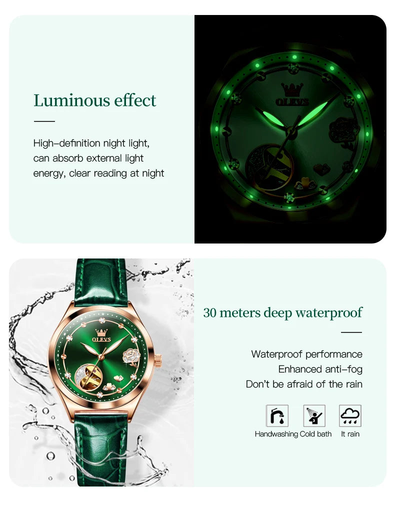 OLEVS Luxury Brand Women Mechanical Watch Leather Strap Waterproof Simple Fashion Ladies Automatic Wristwatch Relojes Para Mujer