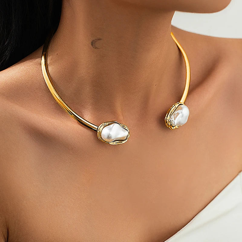 Elegant Baroque Imitation Pearl Choker Necklace Bangles Ring Earrings Set Women Chunky Circle Open Torques Collar Jewelry Set