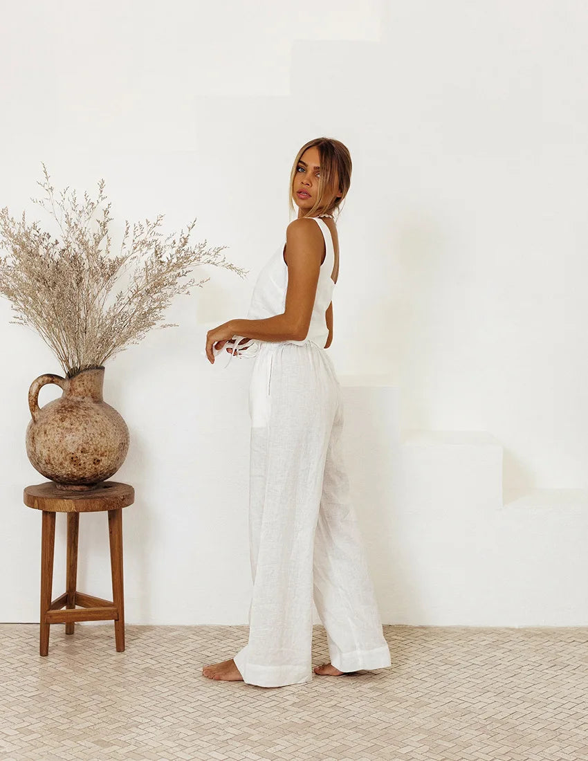 Women Casual Solid Color Suit Sweet 2 piece Set Sleeveless Vest Wide Leg Pants Cotton And Linen Sets Suumer Fashion Women's Wear