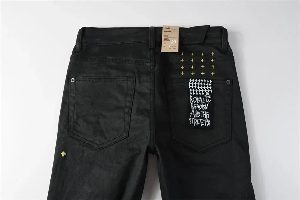 New Jeans American High Street Men Retro Wash Black Letter Embroidery Low Rise Elastic Skinny Pleated Ripped Frayed Pants Brand