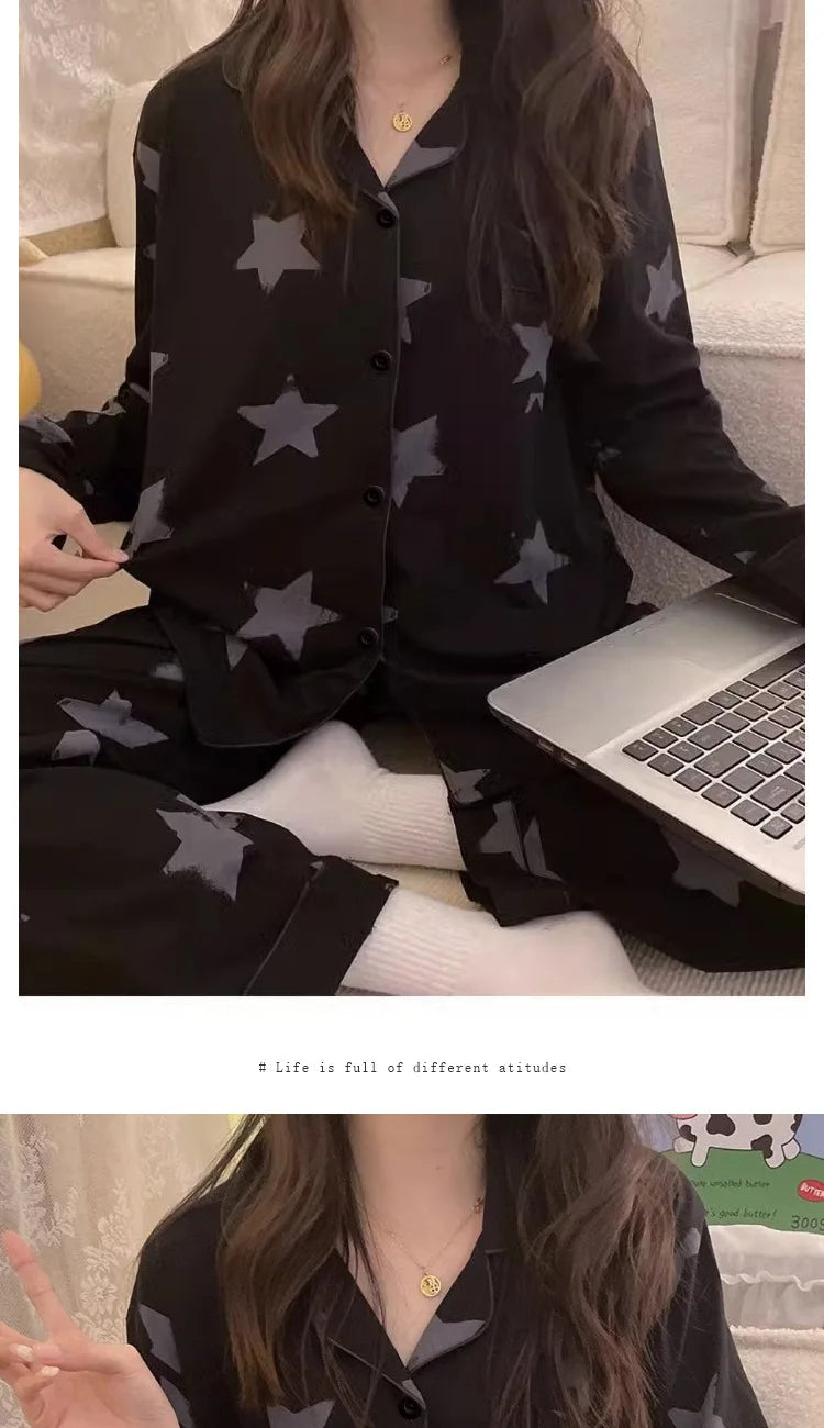 Spring and Autumn New Ladies Korean Pajamas Homewear Set Girls Students Long-Sleeved Pajamas Senior Sense of Homewear Set
