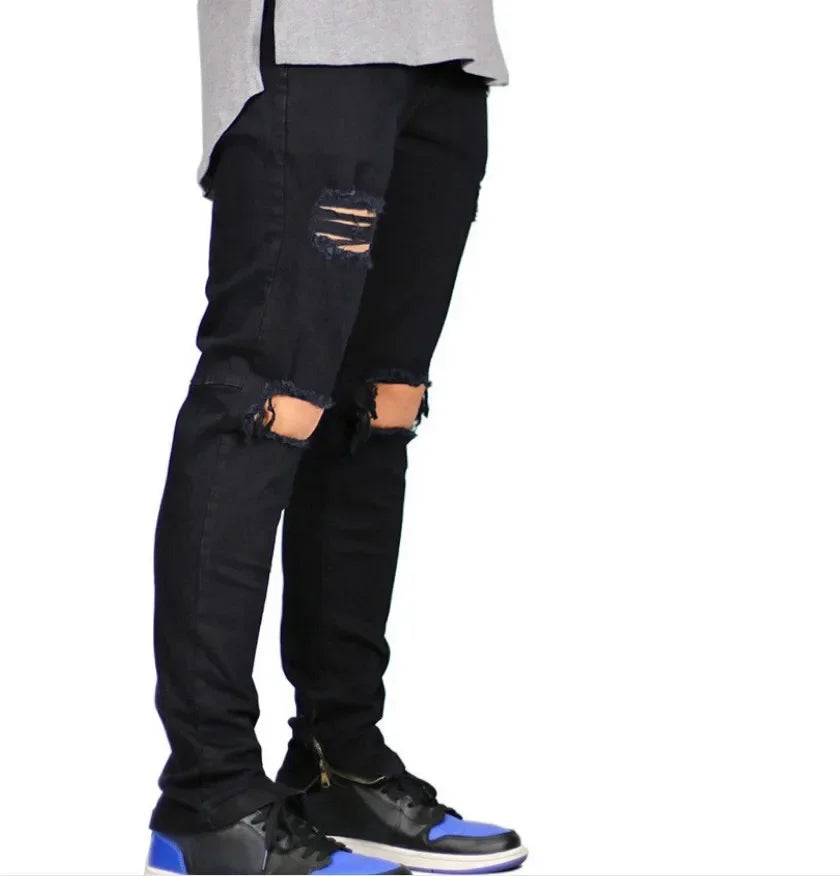 European and American High Street Men's Fashion Ripped Jeans with Zipper At The Ankle, Slim-fit, Spring and Summer Style.