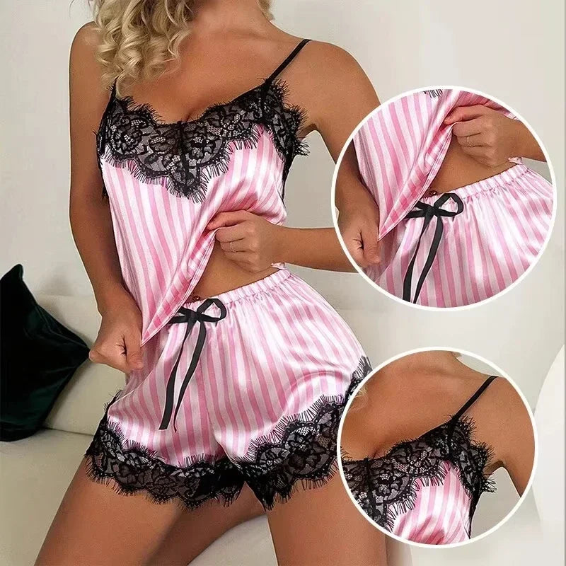 Two Piece Womens V-Neck Sexy Lace Lingerie Suspender Pajama Shorts Set Casual Woman Sleeveless Sexy Pajama Set Female Nightdress