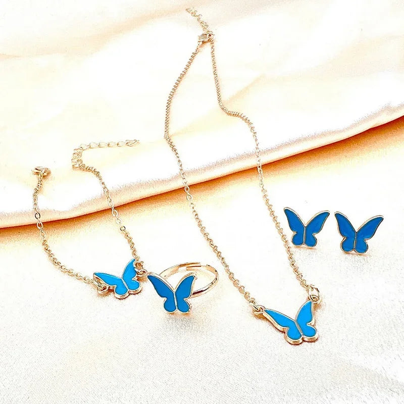 4Pcs Exquisite Butterfly Drop Glazed Jewelry Sets Women New Fashion Versatile Butterfly Pendant Jewelry Set Biżuteria Komplet