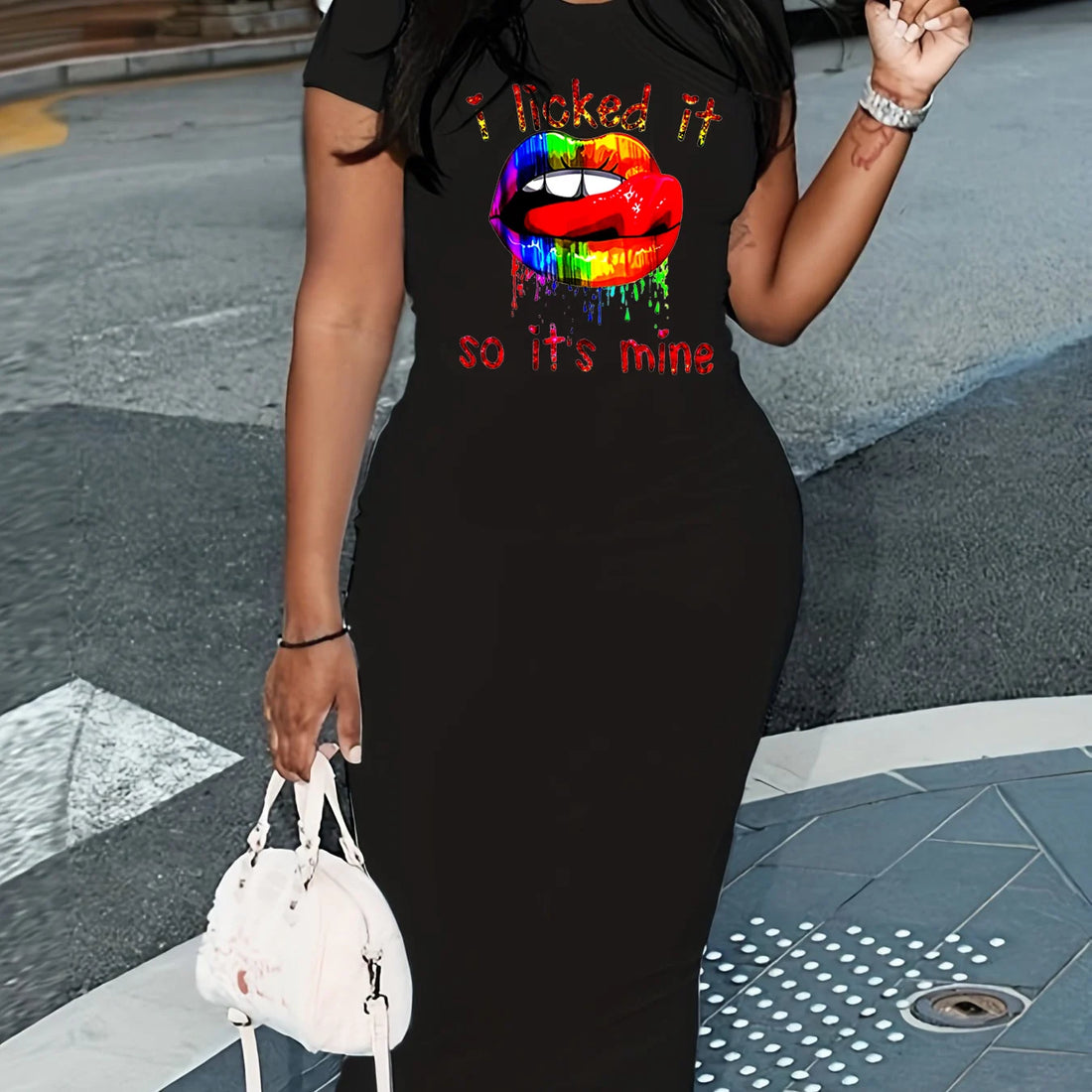 Women's Spring/Summer Colored Lipprint Letter Print Casual Slim Fit Round Neck Short Sleeve Sexy Dress