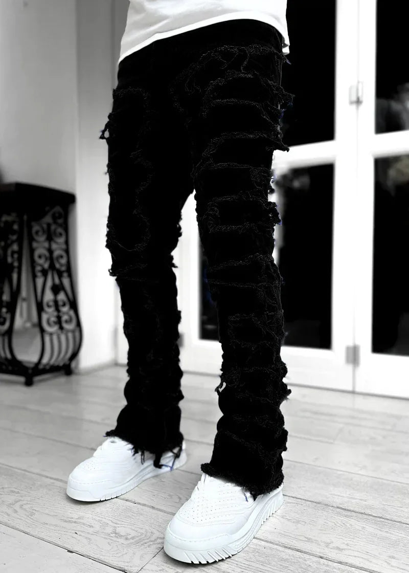 New European Camo Pants Men High Street Slim Fit Stretch Patched Denim Ripped Male's Stacked Jeans Men's camouflage jeans