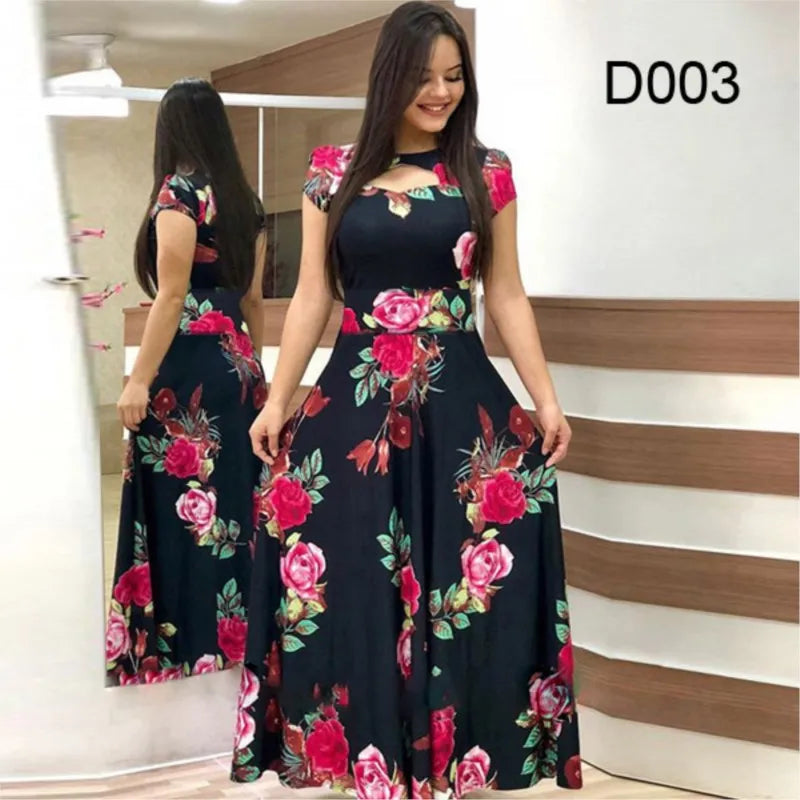 Elegant Spring Women's Dress Casual Fashion Floral Print Short Sleeve Super Long Dress 2023 New Fashion Hollow Out Long Dresses