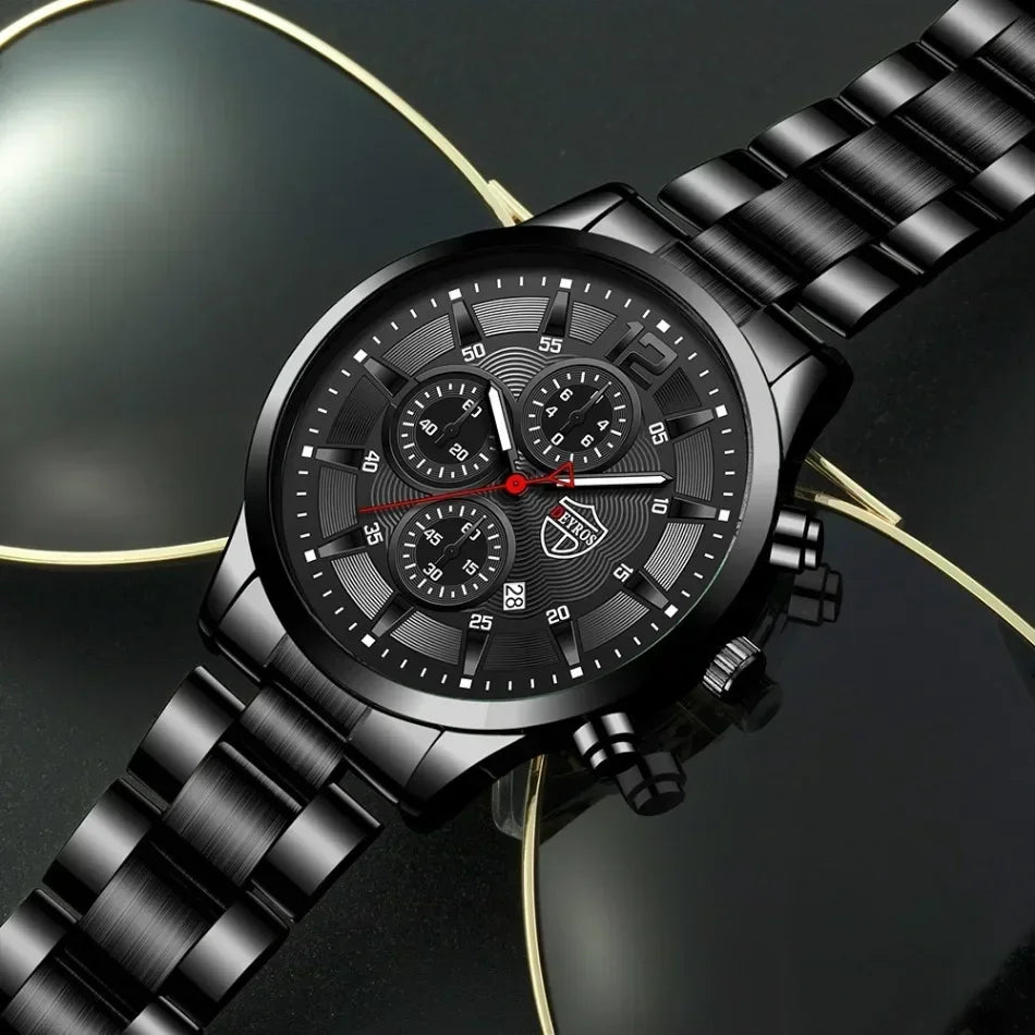 4pcs Classic Black Men's Watch Quartz Watches Are Suitable for Everyday Wear