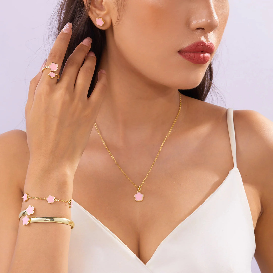 5pcs/set Colorful Enamel Plum Blossom Bracelets for Women Lucky Five Leaf Flower Necklace Earring Elegance Party Jewelry Gifts