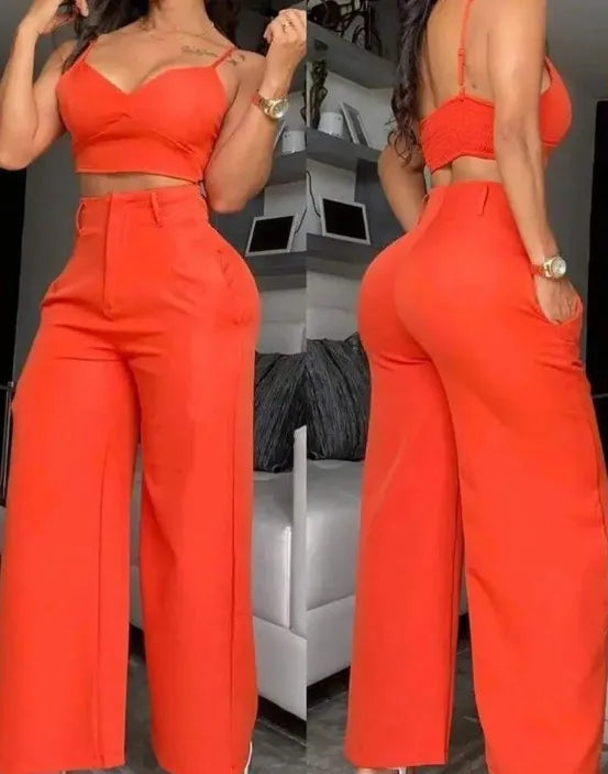 Women's Fashion Solid 2 Piece Sets Sexy V Neck Spaghetti Strap Short Tops + High Waist Wide Leg Pants Two Piece Sets Lady Summer
